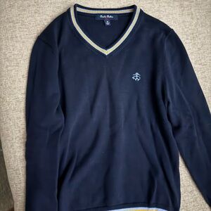 Brooks Brothers Dark Blue V-Neck Sweater with Striped Trim